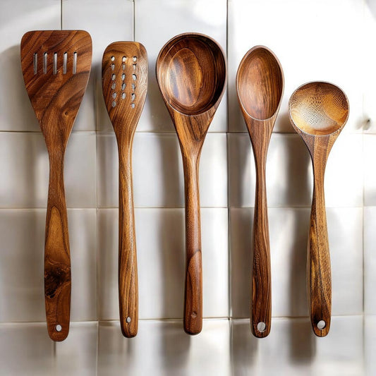 SPACA Acacia Wood Cooking Utensils Set - 5-Piece Heat Resistant Wooden Spoons and Spatulas Kit for Non-Stick Cookware