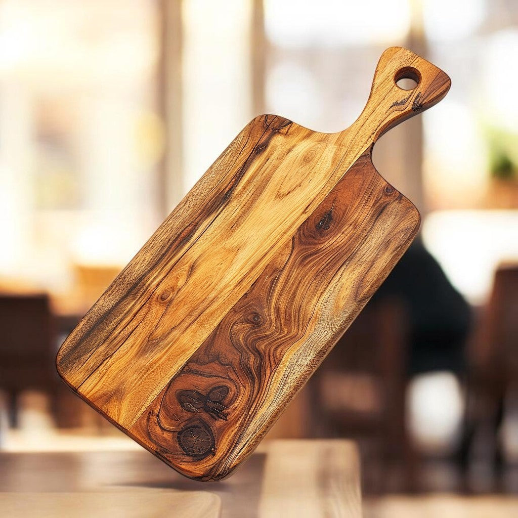 SPACA Solid Acacia Wood Cutting Board with Handle - Rectangle Paddle Chopping Board for Kitchen and Serving Platter