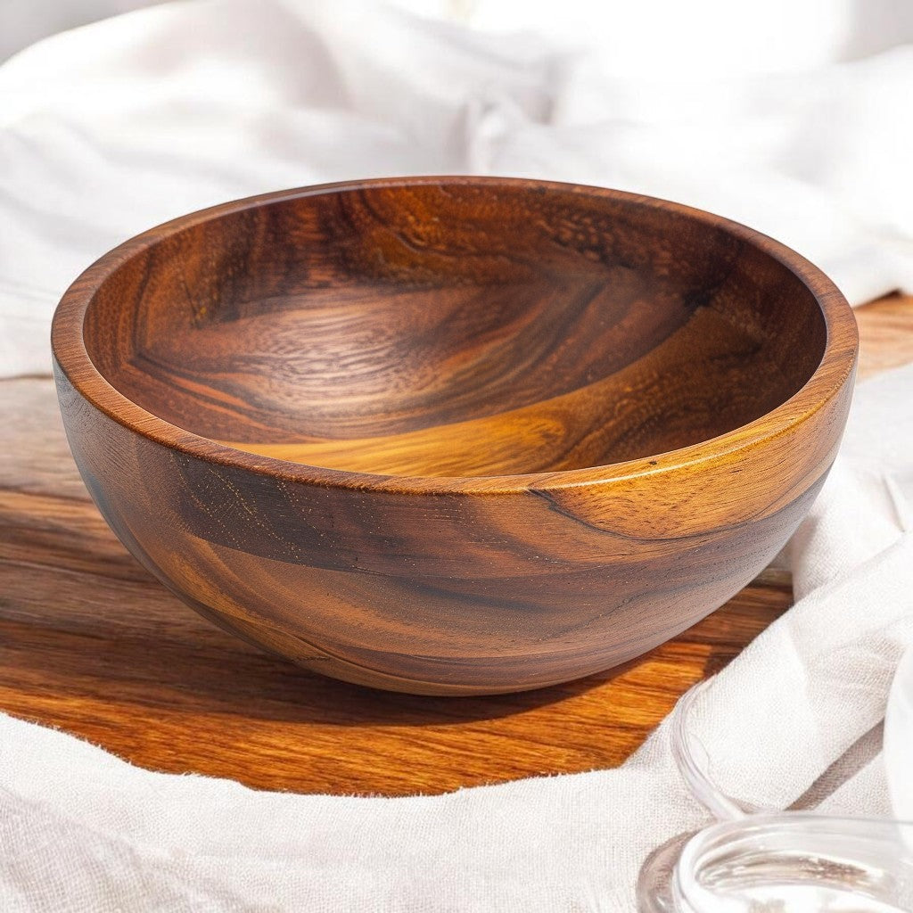 SPACA Handcrafted Acacia Wood Salad Bowl - 10-Inch Round Solid Wooden Serving Bowl for Fruits and Salads