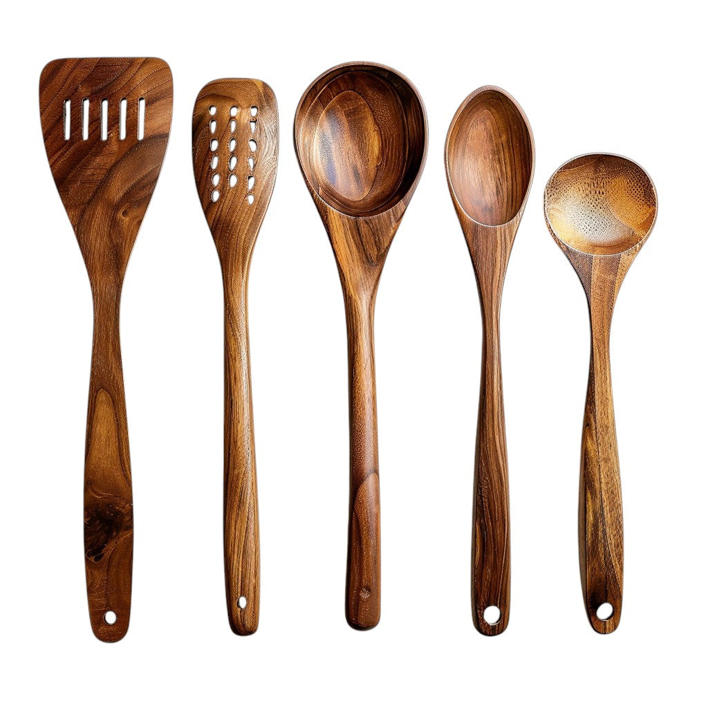 SPACA Acacia Wood Cooking Utensils Set - 5-Piece Heat Resistant Wooden Spoons and Spatulas Kit for Non-Stick Cookware