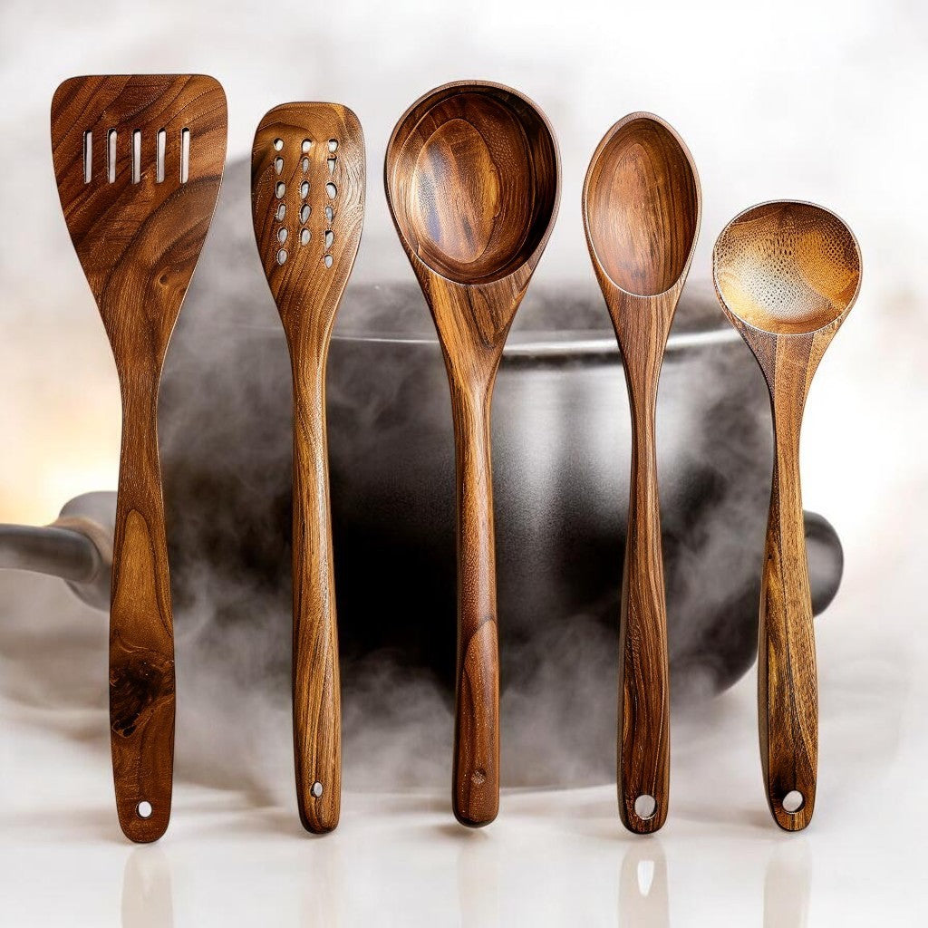 SPACA Acacia Wood Cooking Utensils Set - 5-Piece Heat Resistant Wooden Spoons and Spatulas Kit for Non-Stick Cookware