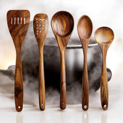 SPACA Acacia Wood Cooking Utensils Set - 5-Piece Heat Resistant Wooden Spoons and Spatulas Kit for Non-Stick Cookware
