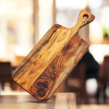 SPACA Solid Acacia Wood Cutting Board with Handle - Rectangle Paddle Chopping Board for Kitchen and Serving Platter